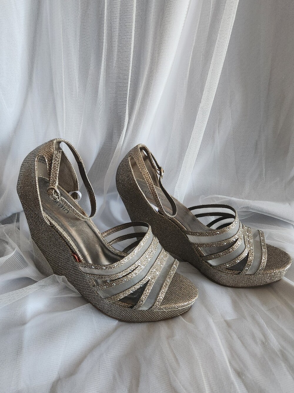 Jasmine Glittery Silver Wedge Sandals with Ankle Strap Size 10 Prom Bridal Shoes